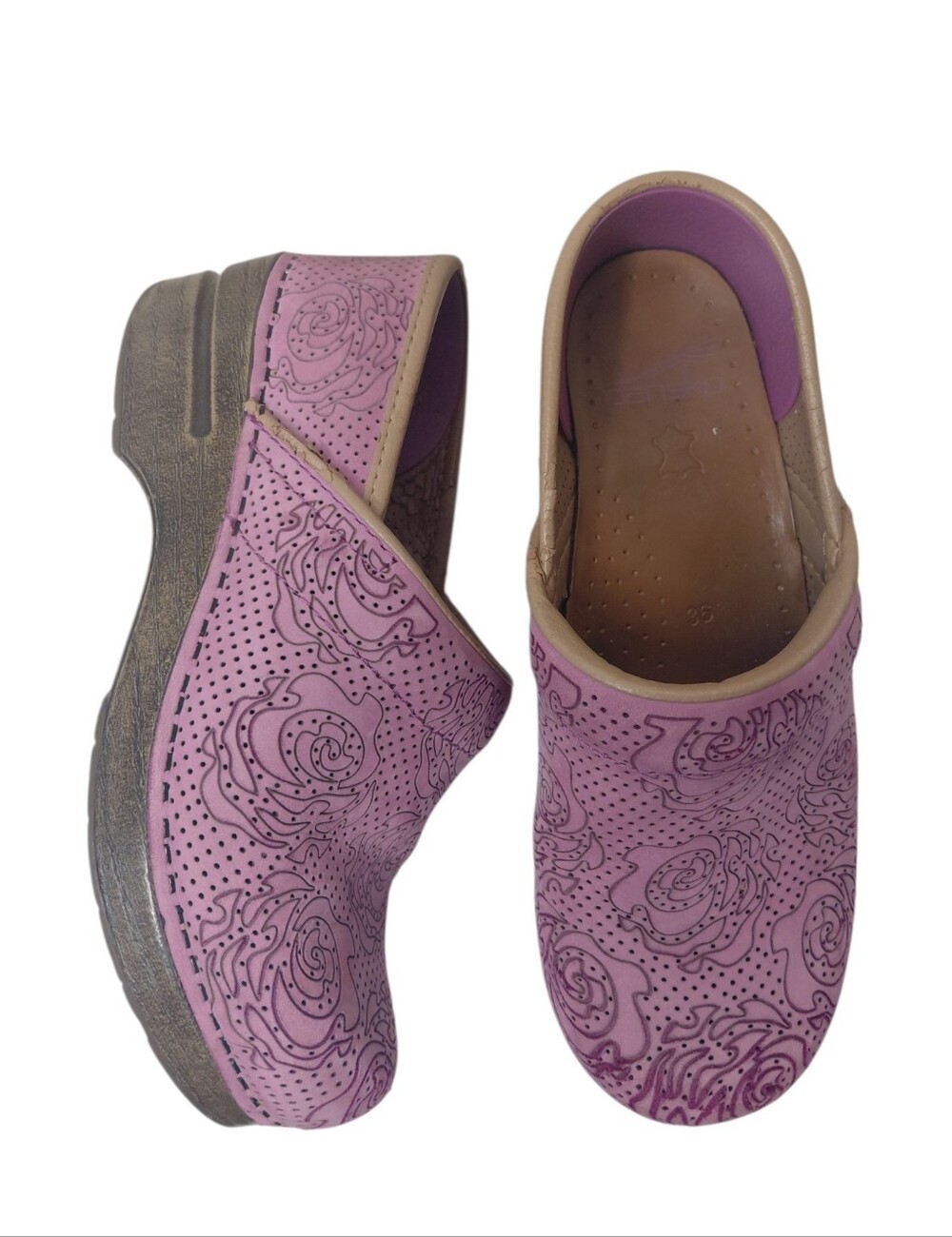 Dansko Lavender Pink Floral Leather Clogs Size 6 EU 36
